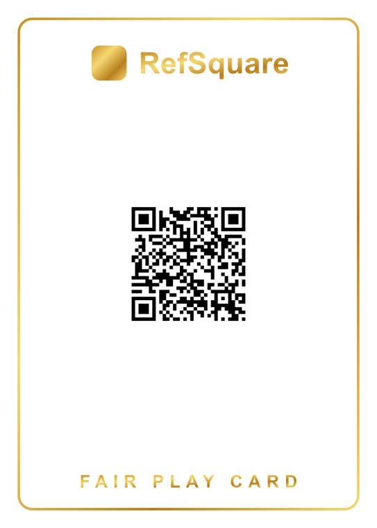 The RefSquare Fair Play Card: a white card with a gold border, the RefSquare wordmark, a QR code, and the label FAIR PLAY CARD.